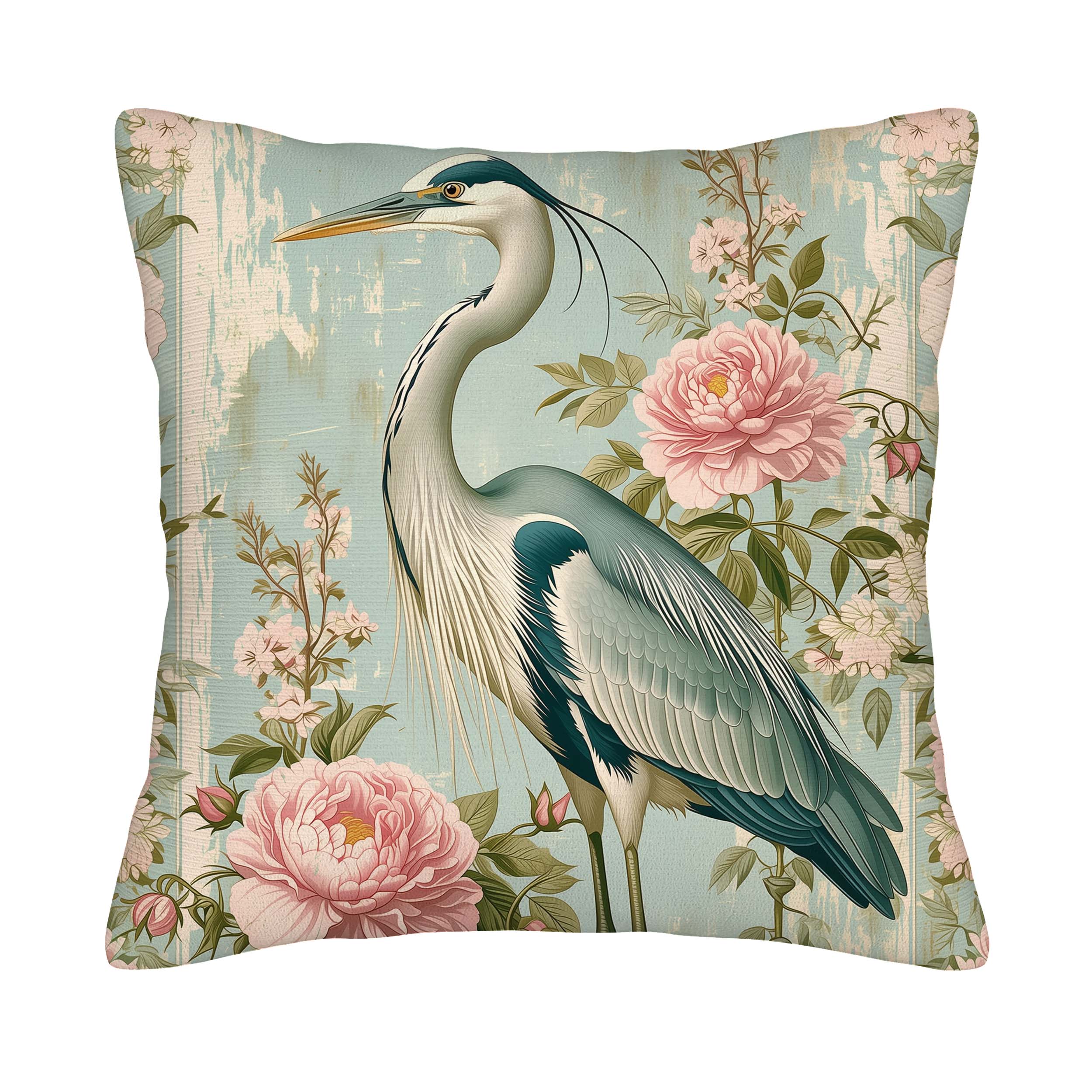 Floral heron throw pillow cover with pink blossoms on a blue background