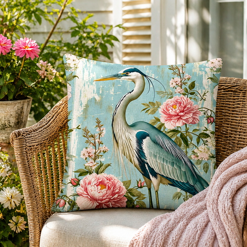 Floral heron throw pillow cover on a wicker patio chair
