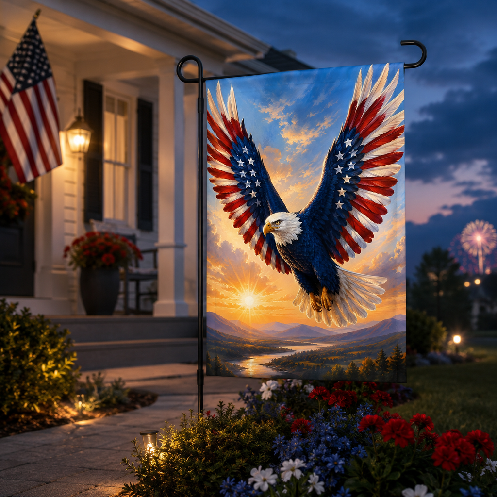 Fourth of July theme garden flag featuring a soaring bald eagle displayed at twilight with distant colorful fireworks and house lights.