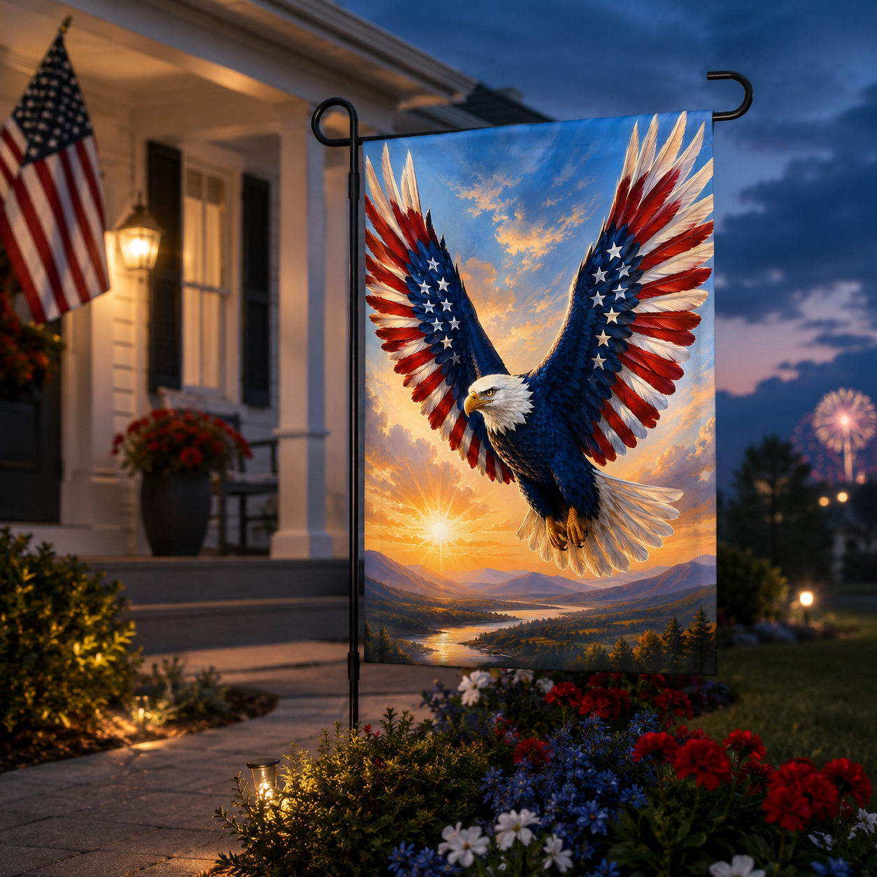 Fourth of July theme garden flag featuring a soaring bald eagle displayed at twilight with distant colorful fireworks and house lights.