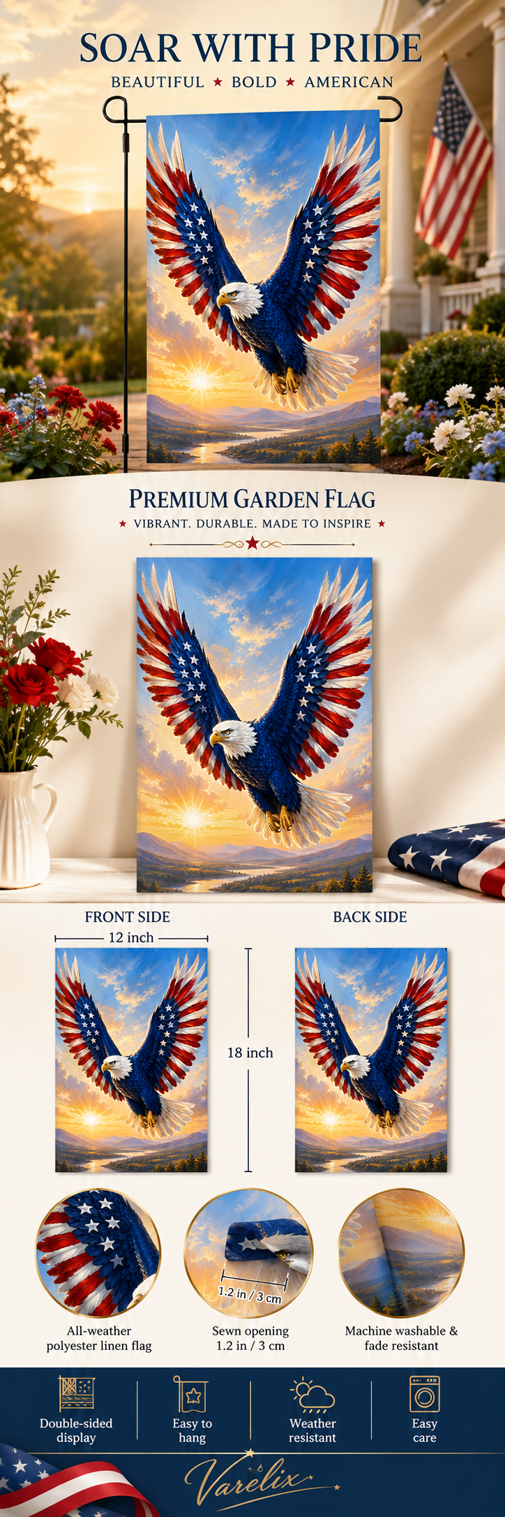 Premium double-sided garden flag infographic layout by Varelix showing a 12 by 18 inch flying American eagle design with texture closeups.