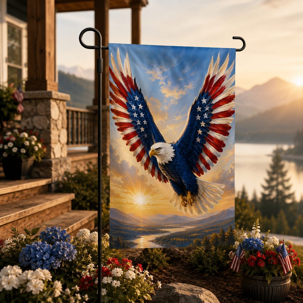 Flying patriotic eagle garden flag standing next to porch steps with a stunning background view of a mountain lake at sunset.
