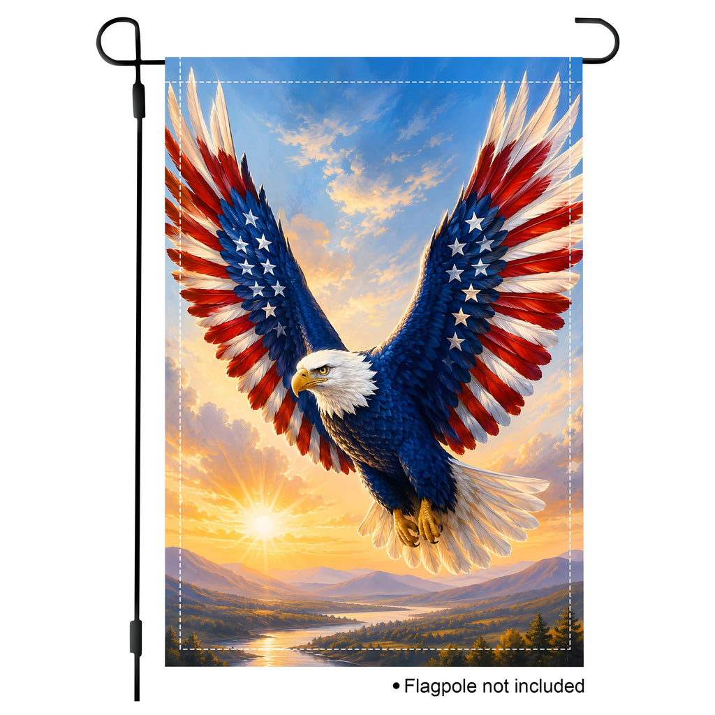 Isolated product mockup of a vertical garden flag featuring an artistic bald eagle soaring over a scenic river valley at sunrise with a white background.