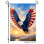 Isolated product mockup of a vertical garden flag featuring an artistic bald eagle soaring over a scenic river valley at sunrise with a white background.