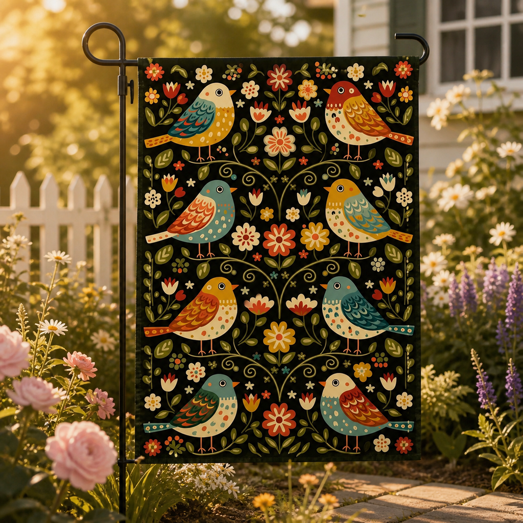 Folk songbird floral garden flag shown close up among blooming flowers.