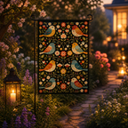 Folk songbird floral garden flag glowing in an evening garden.