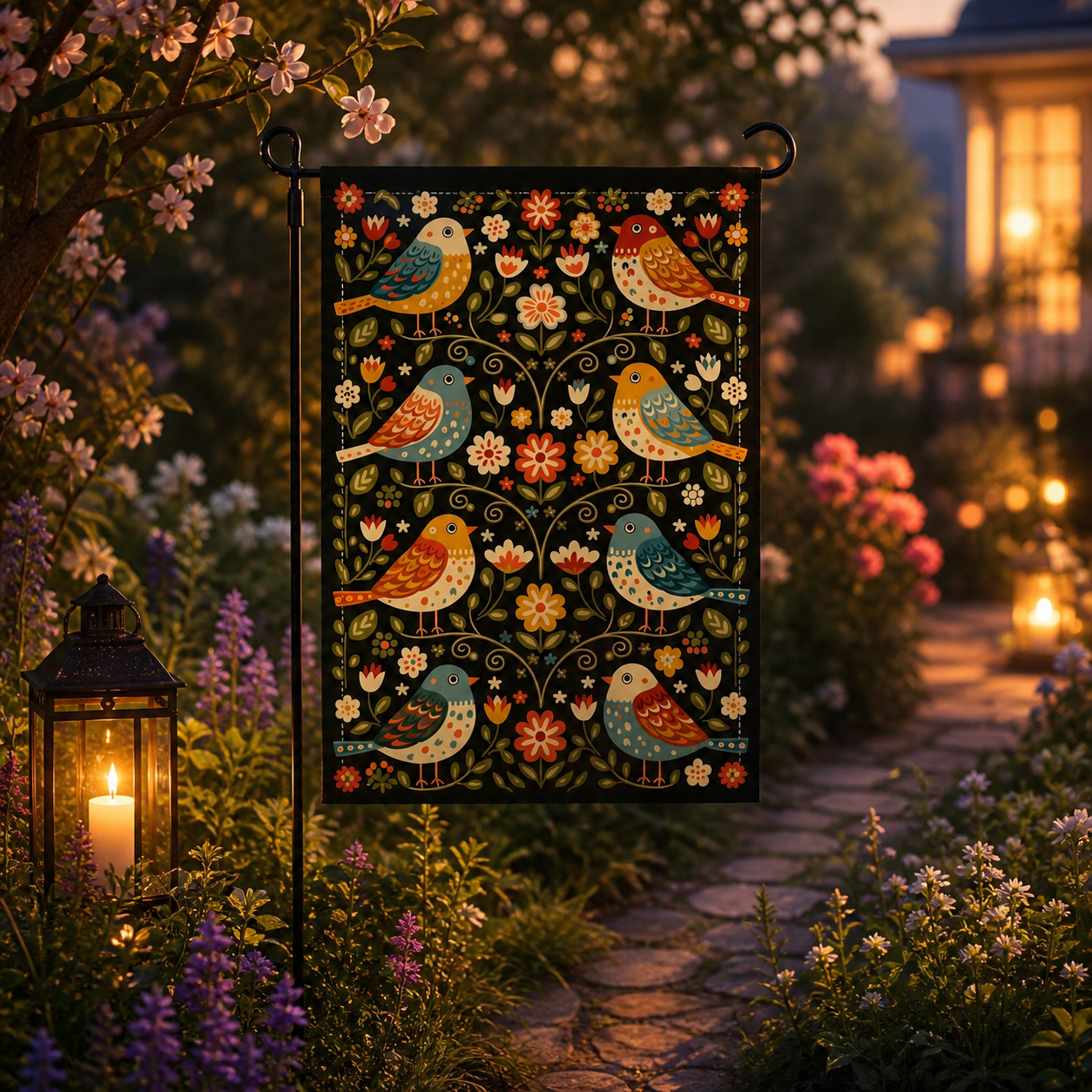 Folk songbird floral garden flag glowing in an evening garden.