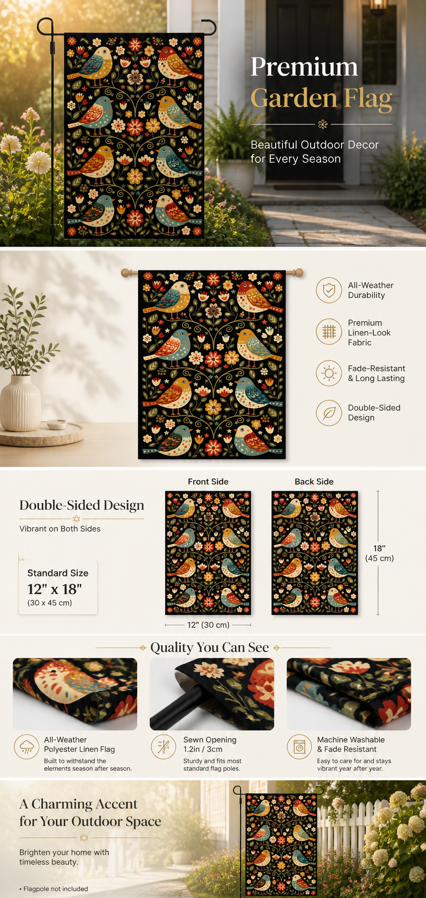 Folk songbird floral garden flag with size and fabric details.