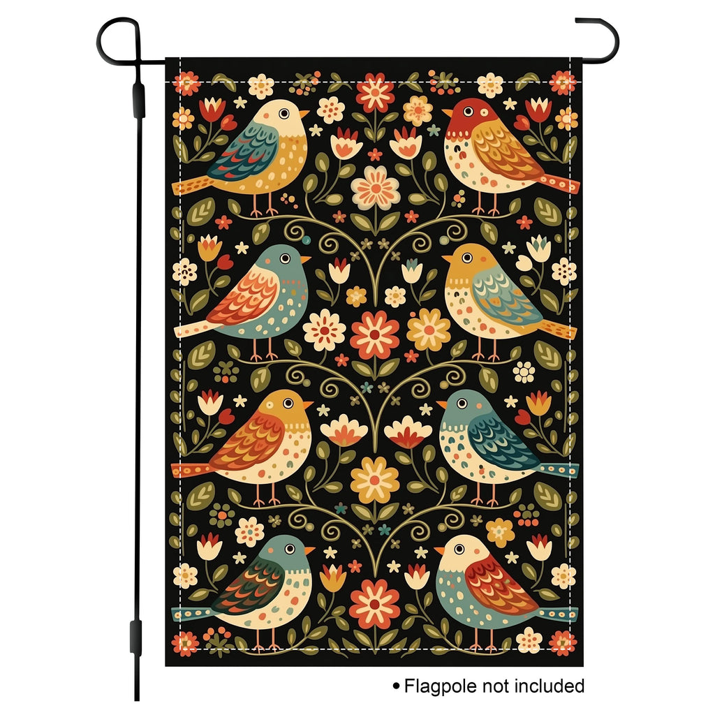 Folk songbird floral garden flag shown on a white background.