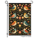 Folk songbird floral garden flag shown on a white background.