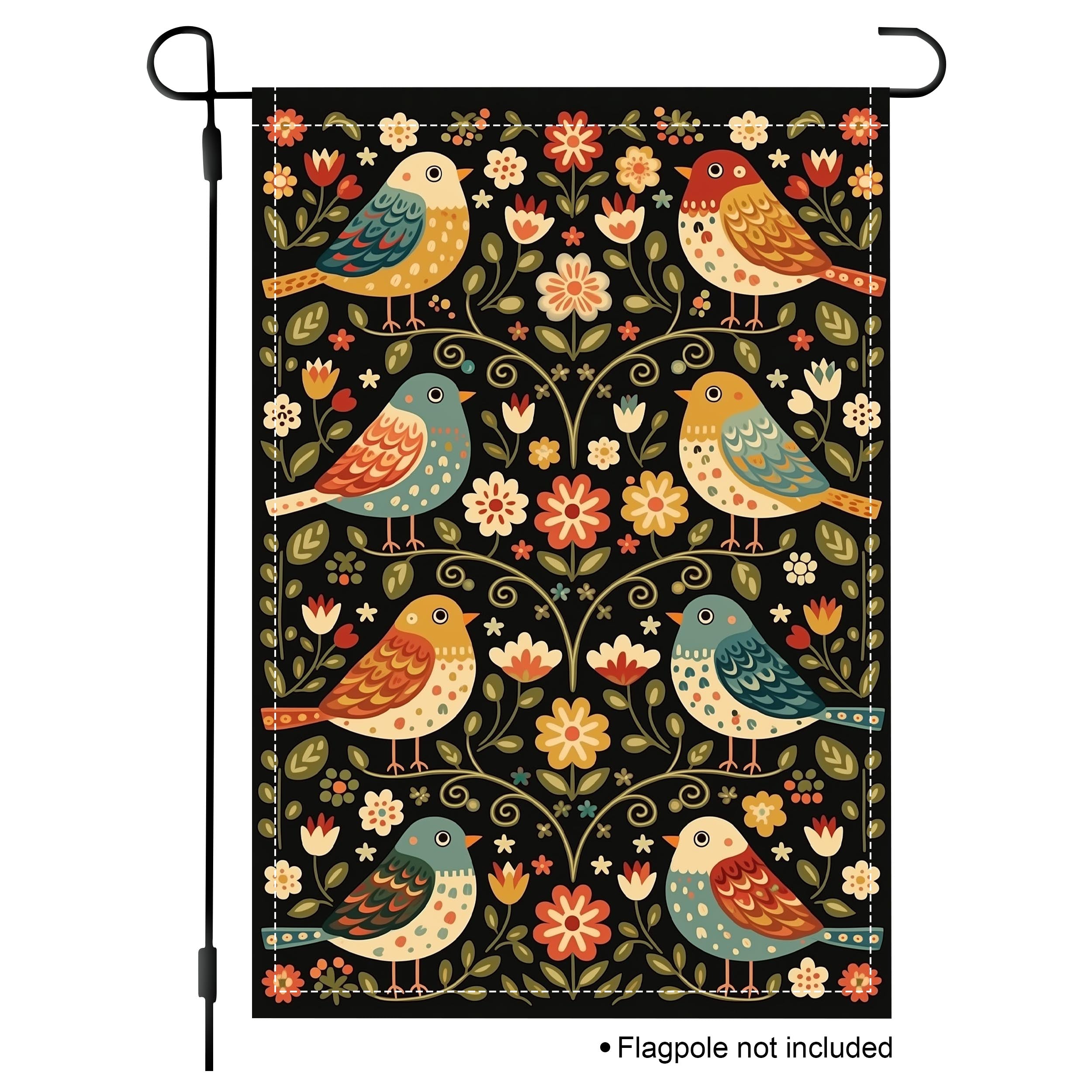 Folk songbird floral garden flag shown on a white background.
