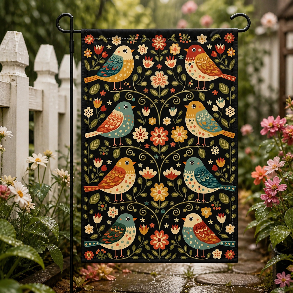 Folk songbird floral garden flag displayed beside a cottage garden path.