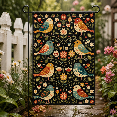 Folk songbird floral garden flag displayed beside a cottage garden path.