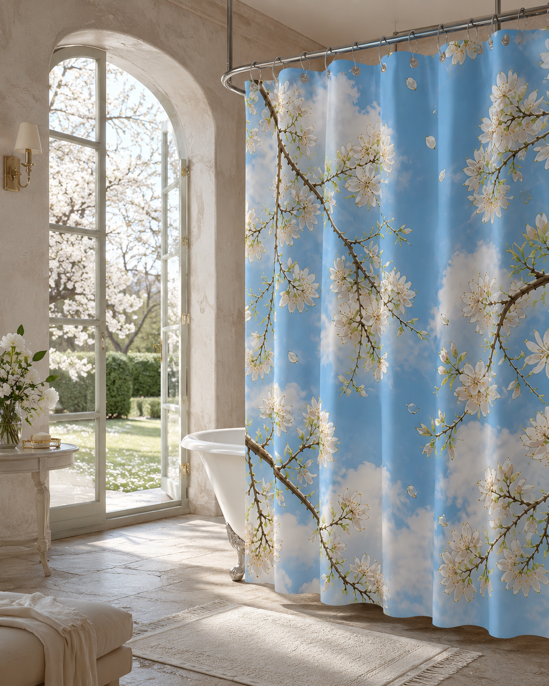 Elegant French country style bathroom with a clawfoot tub near a large arched window looking out to a green garden, featuring a blue floral shower curtain.