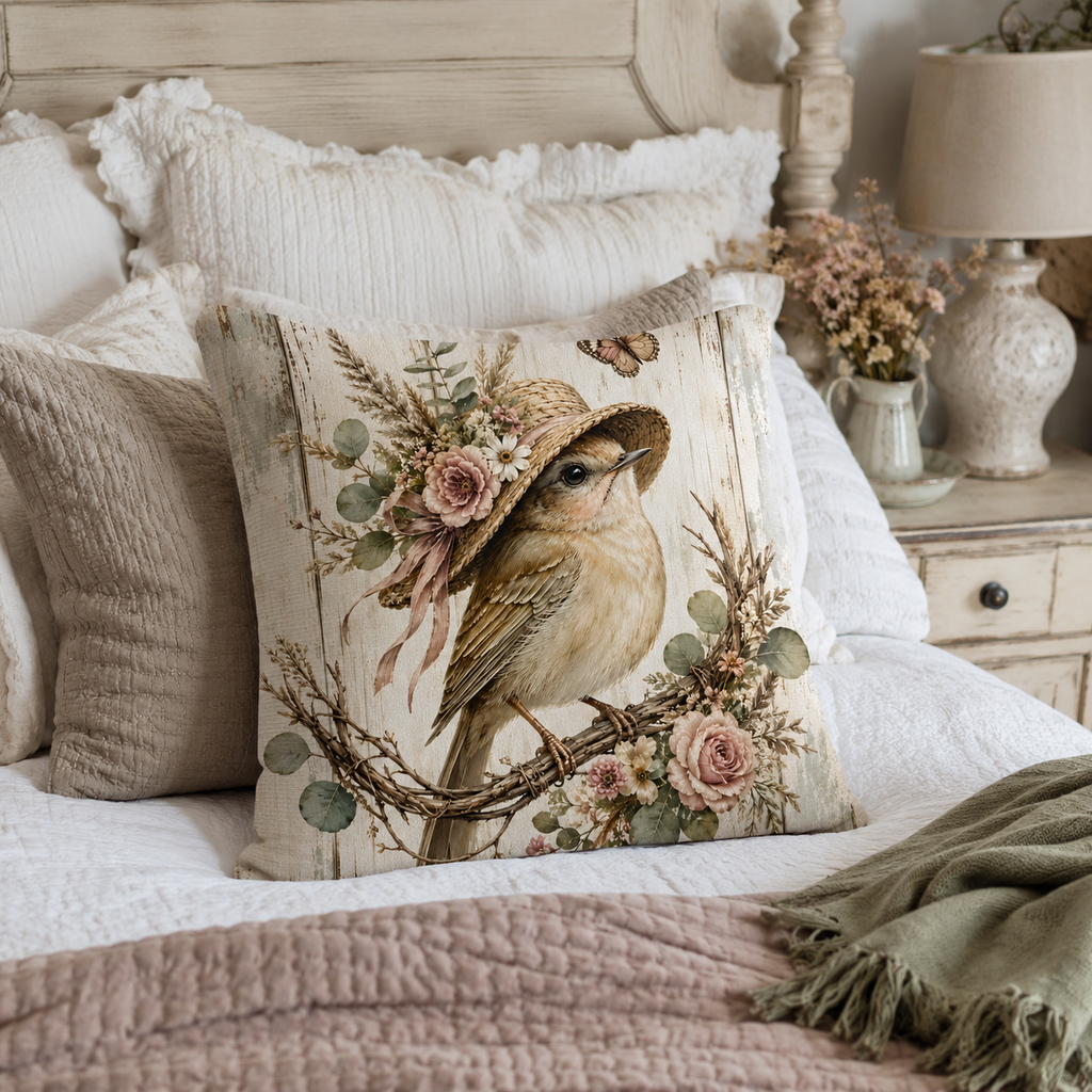 A French country style watercolor bird printed throw pillow arranged on a luxury bed with layered white ruffled linens, a pink quilted blanket, and an antique bedside lamp.