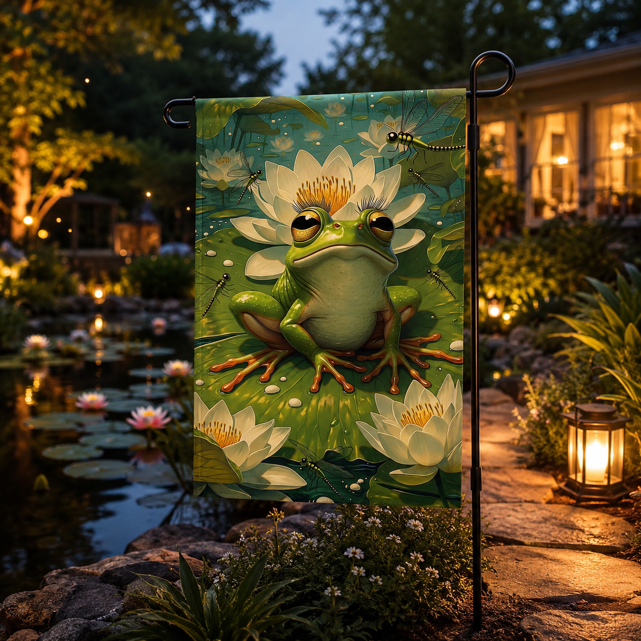Frog garden flag displayed beside an evening pond path, with glowing lanterns, water lilies, and warm cottage lights.