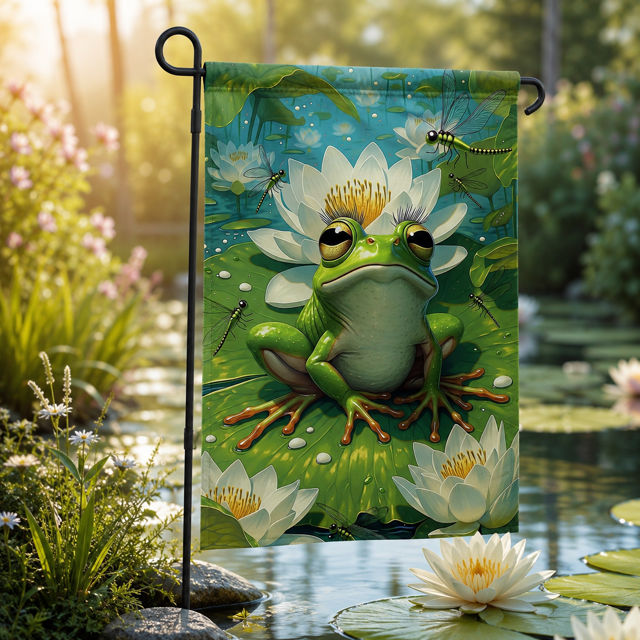 Frog garden flag hanging beside a sunny lily pond, with white water lilies, soft flowers, and a calm garden background.