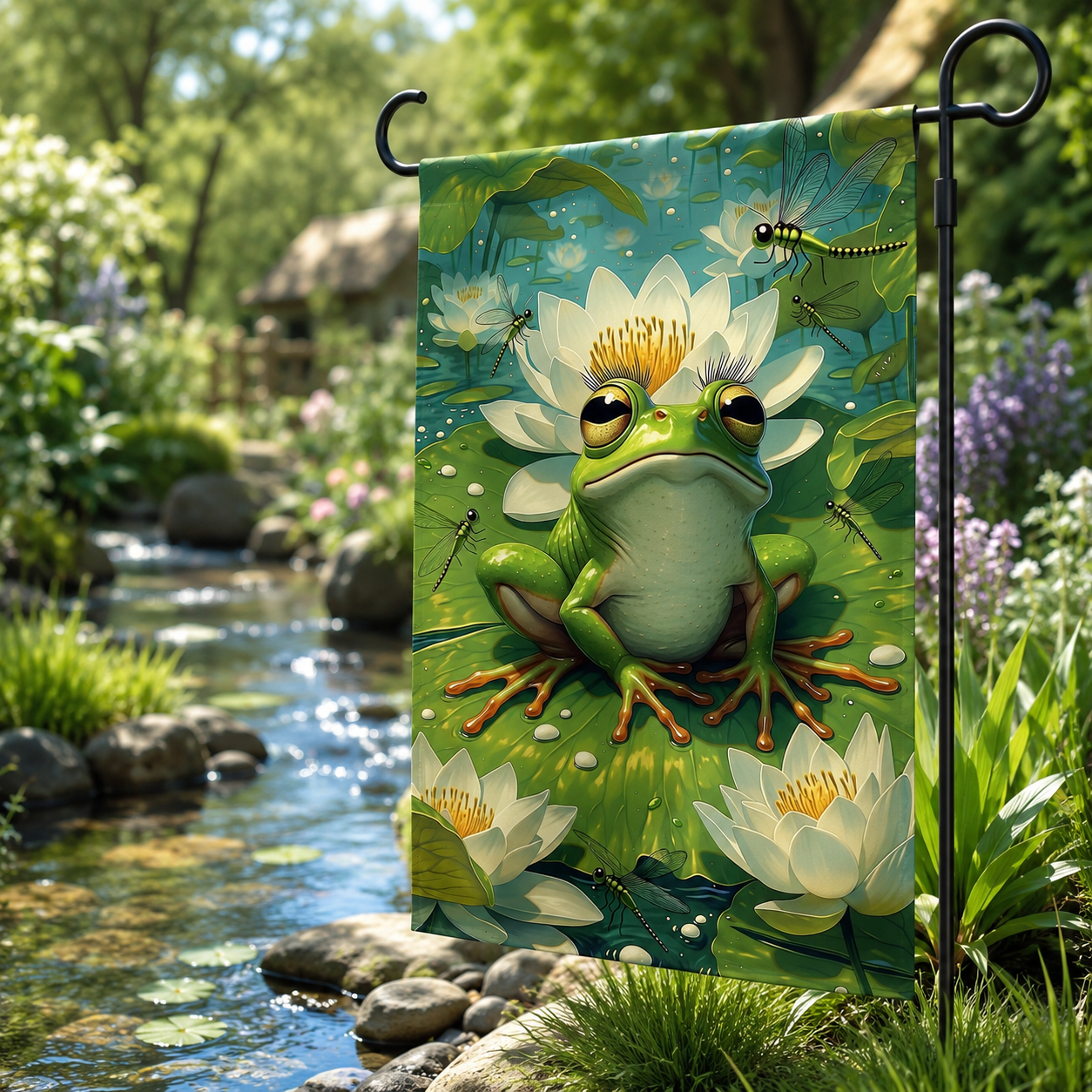 Close-up frog garden flag displayed beside a flowing garden stream, with lush green plants and a softly blurred cottage background.