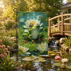 Frog garden flag displayed over a peaceful backyard pond with lily pads, white water lilies, a wooden bridge, and warm sunlight.