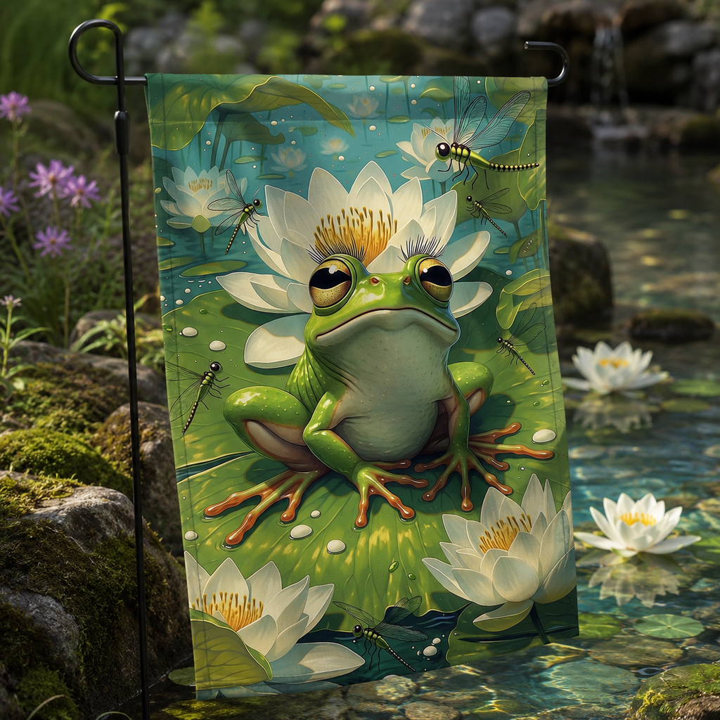 Frog garden flag displayed beside a clear garden pond with water lilies, mossy rocks, and soft natural sunlight.