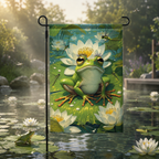 Frog water lily garden flag displayed in a misty pond garden, with floating lilies, dragonflies, and a small frog nearby.