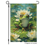 Frog garden flag with a green frog sitting on a lily pad, surrounded by white water lilies and dragonflies.