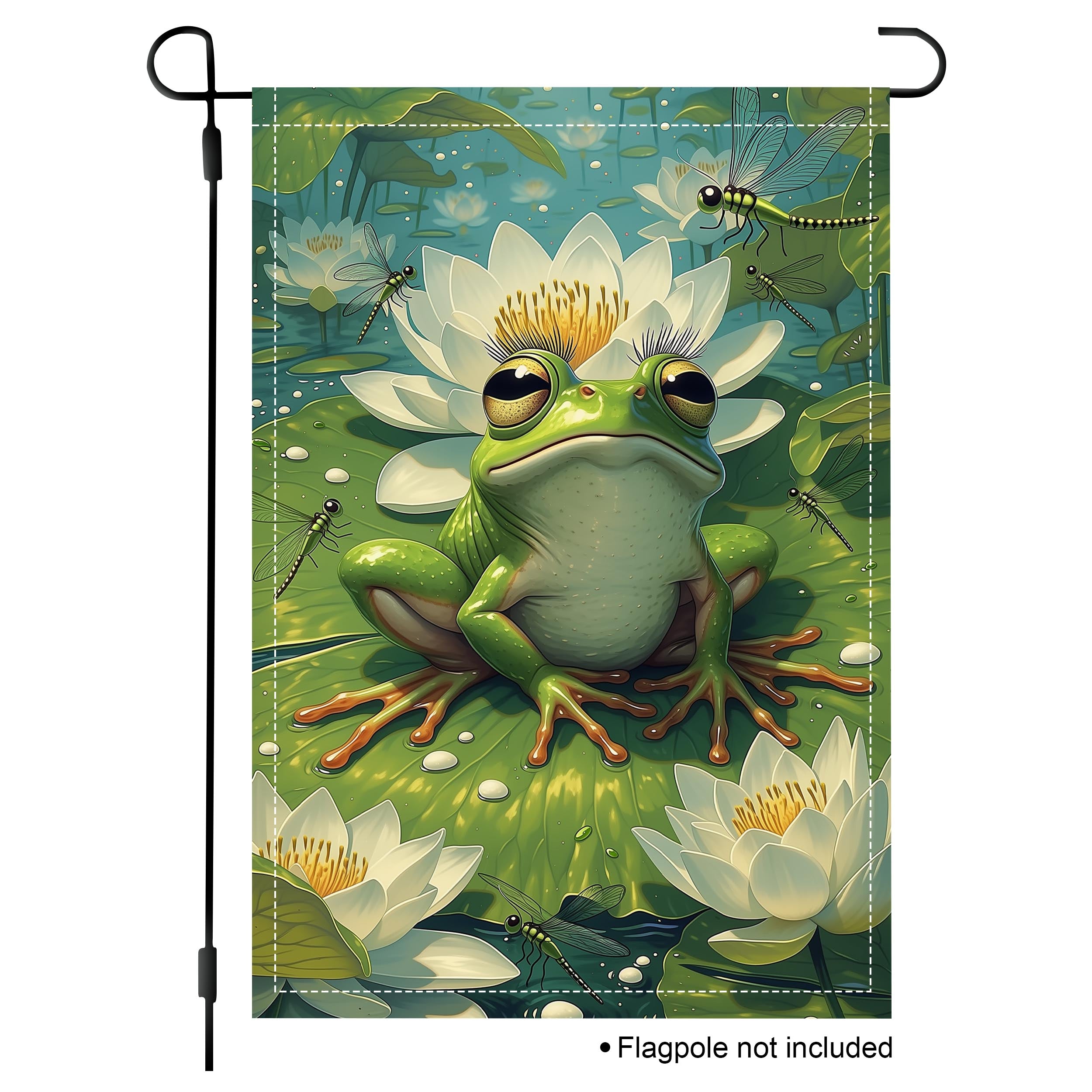 Frog garden flag with a green frog sitting on a lily pad, surrounded by white water lilies and dragonflies.