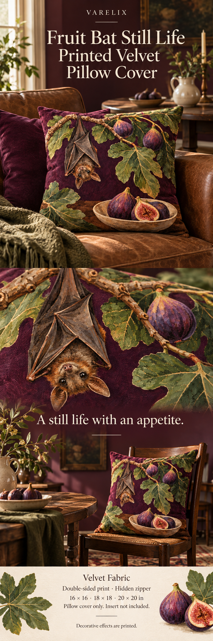 Fruit Bat Still Life Printed Velvet Pillow Cover by VARELIX, A+ detail poster with verified material, sizes and included items.