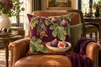 Fruit Bat Still Life Printed Velvet Pillow Cover, lifestyle view 1: Placed upright on an accent chair, nearly frontal with full print clearly visible; room-wide interior composition.