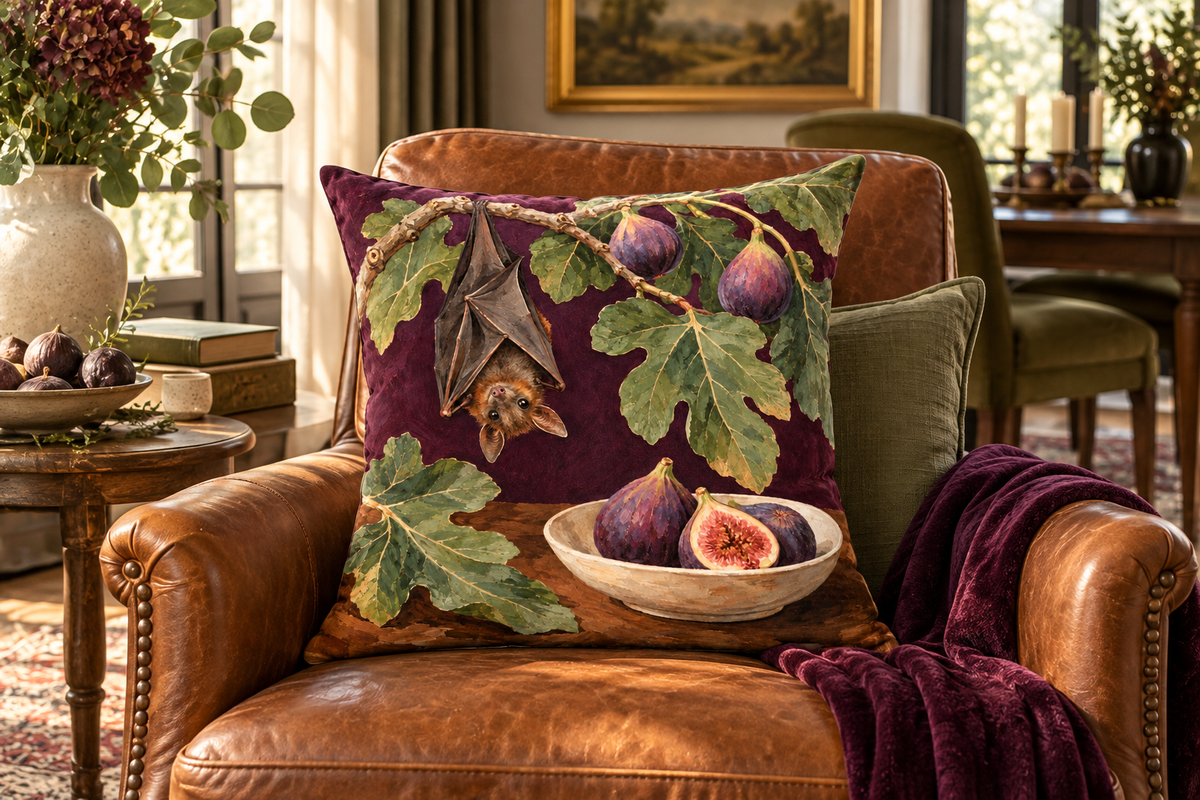 Fruit Bat Still Life Printed Velvet Pillow Cover, lifestyle view 1: Placed upright on an accent chair, nearly frontal with full print clearly visible; room-wide interior composition.