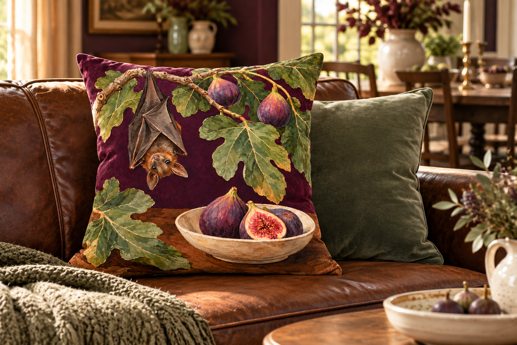Fruit Bat Still Life Printed Velvet Pillow Cover, lifestyle view 2: A prominent single pillow on a sofa beside one plain solid-colored cushion; medium interior composition, product fills at least 40 percent of frame.