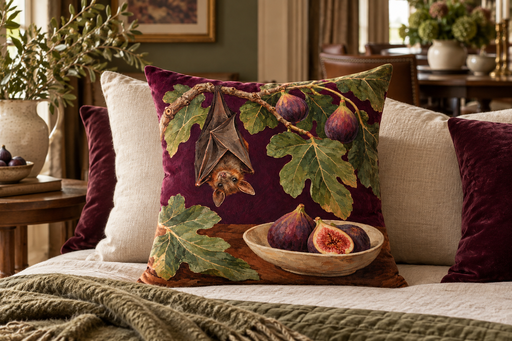 Fruit Bat Still Life Printed Velvet Pillow Cover, lifestyle view 3: Centered in front of plain pillows on a neatly made guest bed; eye-level composition, believable 18-inch pillow scale.