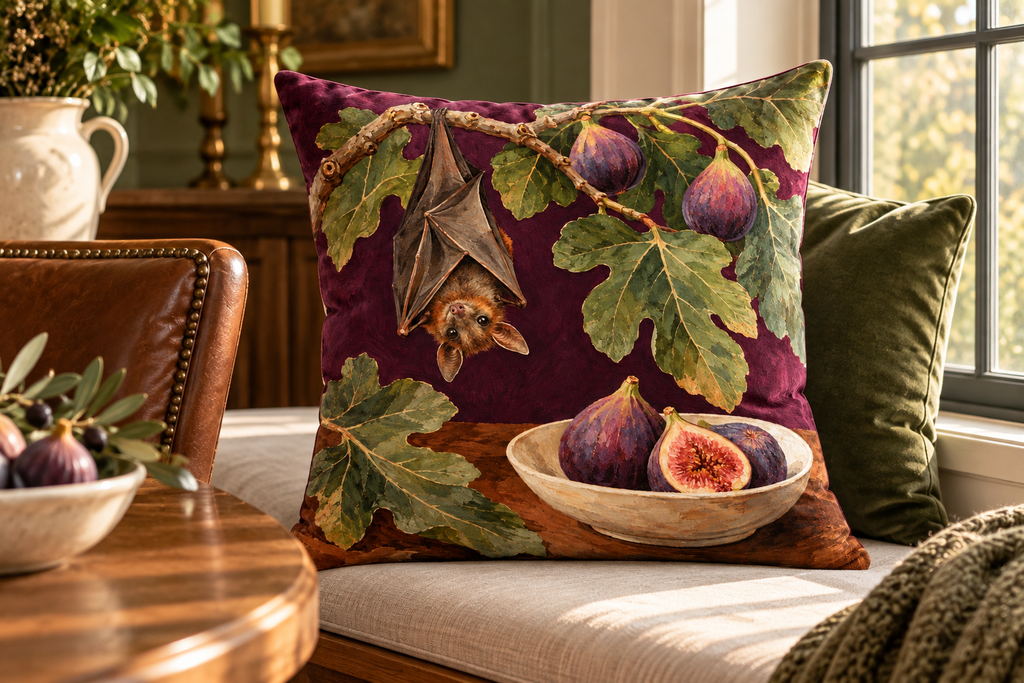 Fruit Bat Still Life Printed Velvet Pillow Cover, lifestyle view 4: Close editorial view on an indoor window bench, full pillow and all edges visible, gentle side light reveals the real textile texture.