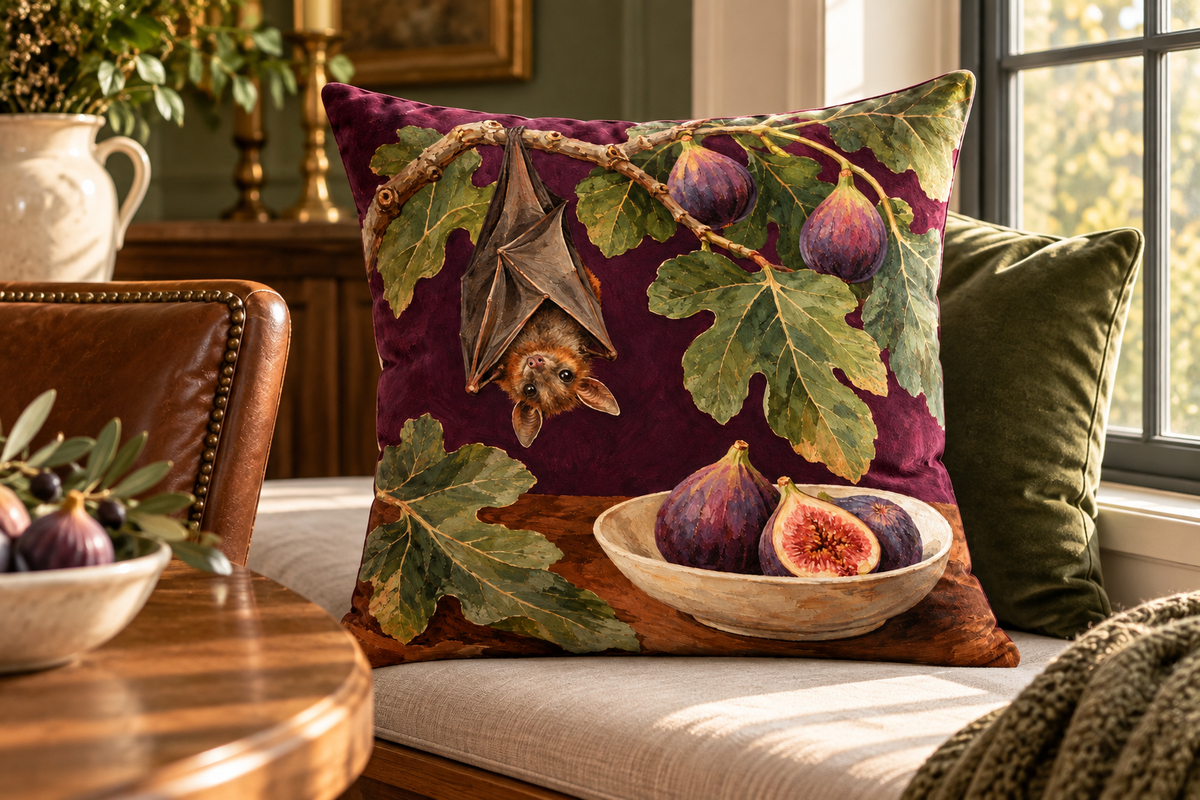 Fruit Bat Still Life Printed Velvet Pillow Cover, lifestyle view 4: Close editorial view on an indoor window bench, full pillow and all edges visible, gentle side light reveals the real textile texture.
