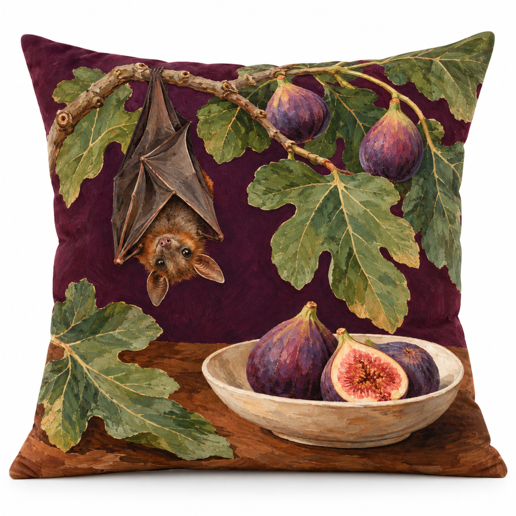 Fruit Bat Still Life Printed Velvet Pillow Cover on a white background, showing the complete printed design.