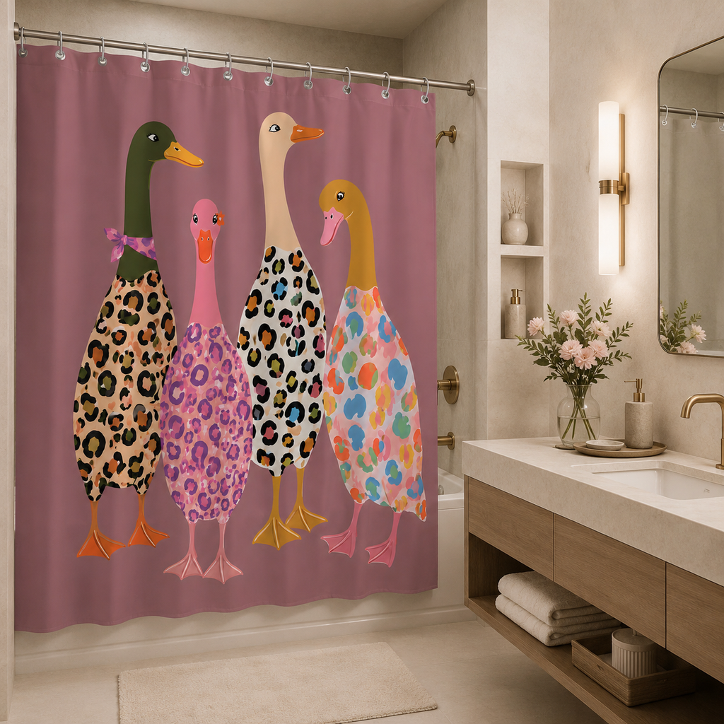 Quirky animal art shower curtain featuring ducks in animal prints inside a modern minimalist wooden bathroom.
