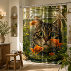 Funny and surreal shower curtain featuring a large tabby cat looking through a fishbowl with goldfish, in a bright bathroom with a wooden stool.
