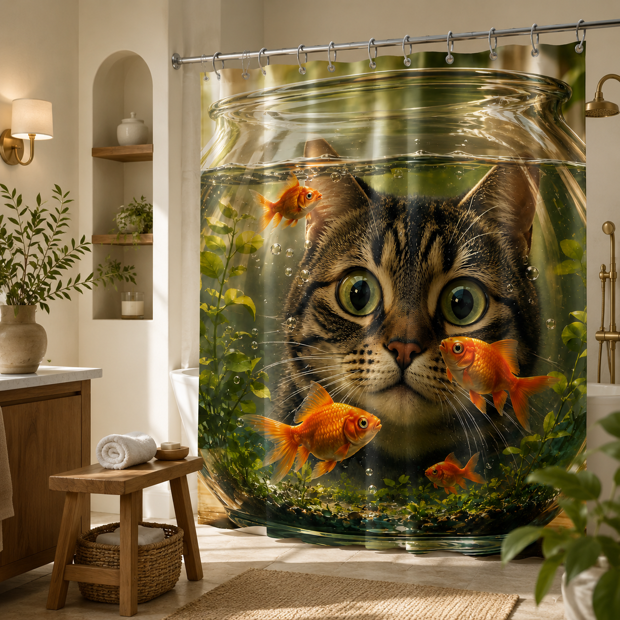 Funny and surreal shower curtain featuring a large tabby cat looking through a fishbowl with goldfish, in a bright bathroom with a wooden stool.