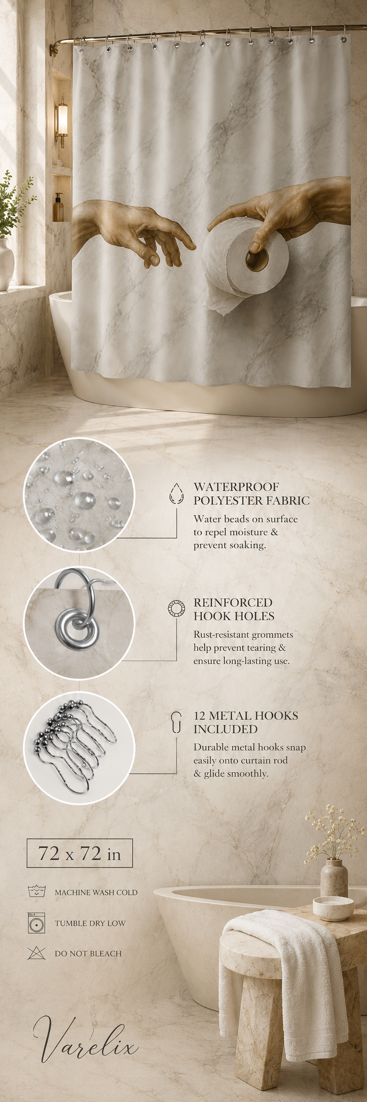 Detailed product infographic for the Varelix funny art shower curtain, highlighting its 72x72 inch size, waterproof polyester fabric, quick-dry technology, and reinforced hook holes with water droplets.
