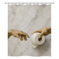 Front view of a white fabric shower curtain with a humorous parody of Michelangelo's Creation of Adam, depicting two hands reaching out to pass a roll of toilet paper against a gray marble background.