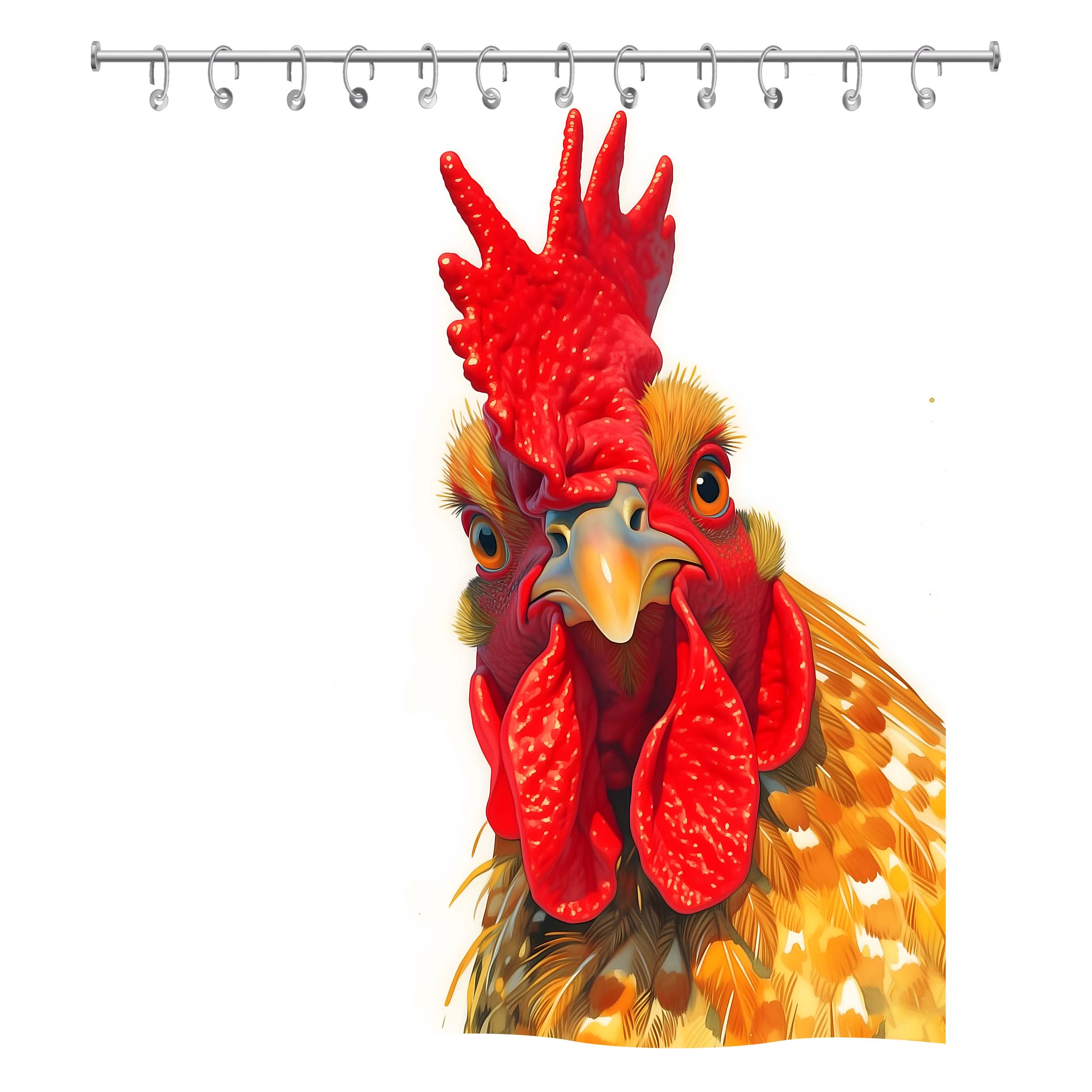Front view of a white fabric shower curtain featuring a colorful funny rooster head print.