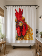 Whimsical chicken shower curtain hanging over a white clawfoot bathtub in a farmhouse bathroom.