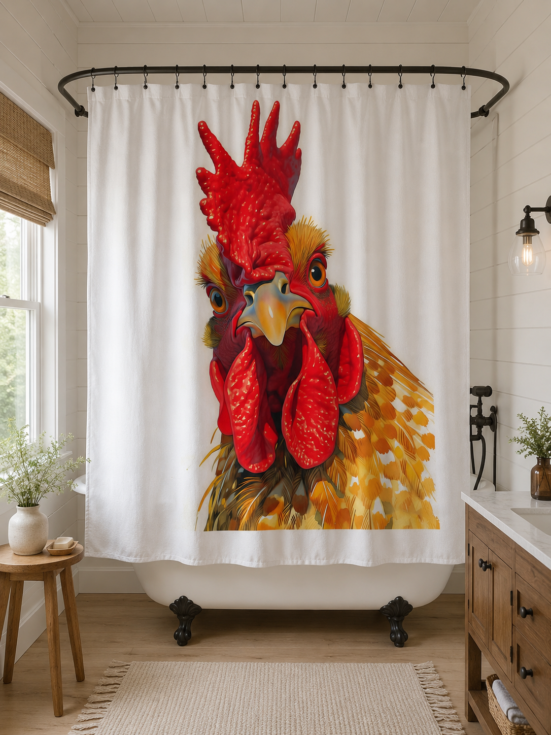 Whimsical chicken shower curtain hanging over a white clawfoot bathtub in a farmhouse bathroom.