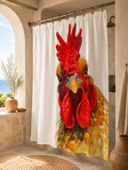 Funny rooster shower curtain with a close-up animal design hanging in a Mediterranean style bathroom.