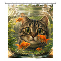 Playful shower curtain design showing a close-up of a cute tabby cat with big eyes looking through a round glass fishbowl filled with swimming goldfish.