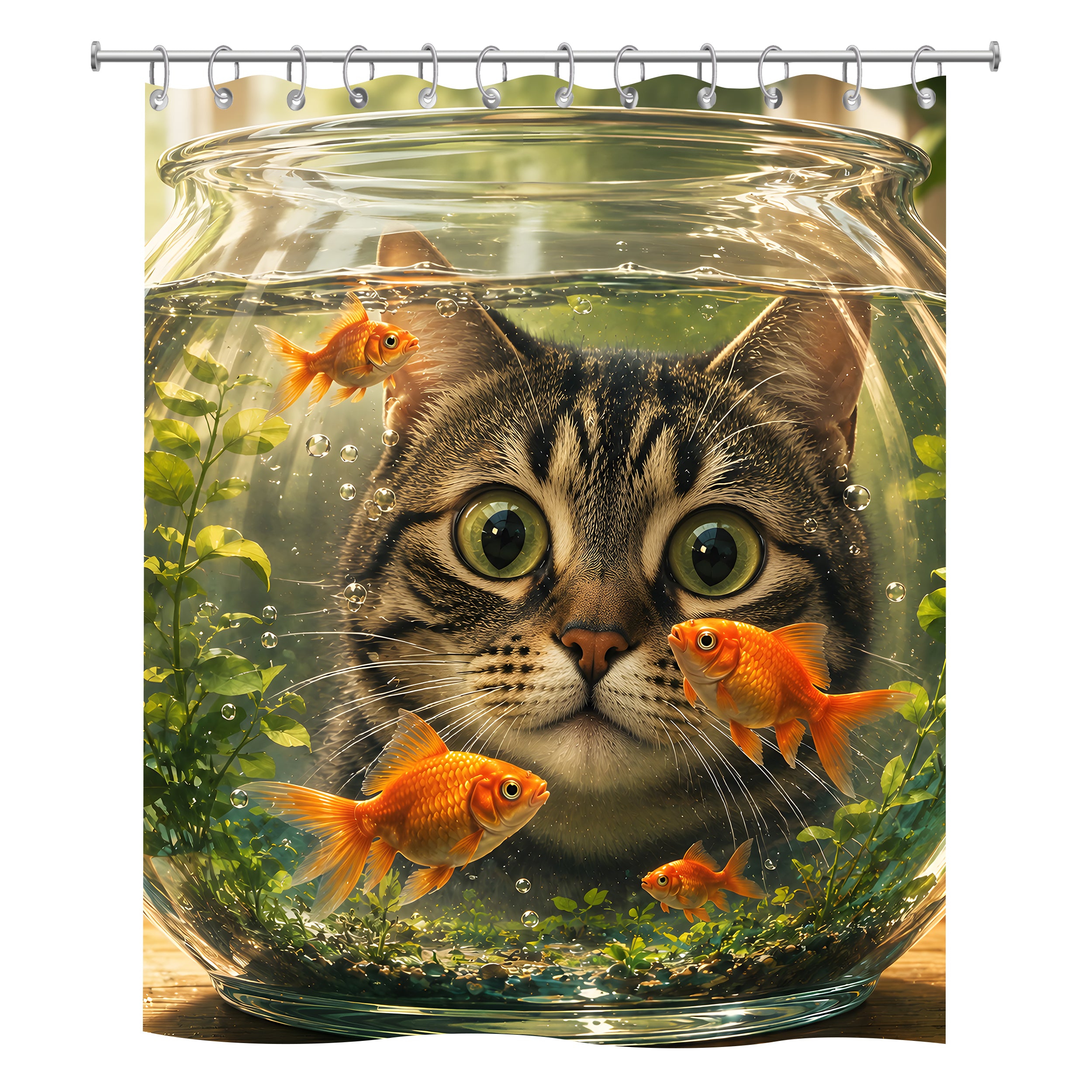 Playful shower curtain design showing a close-up of a cute tabby cat with big eyes looking through a round glass fishbowl filled with swimming goldfish.