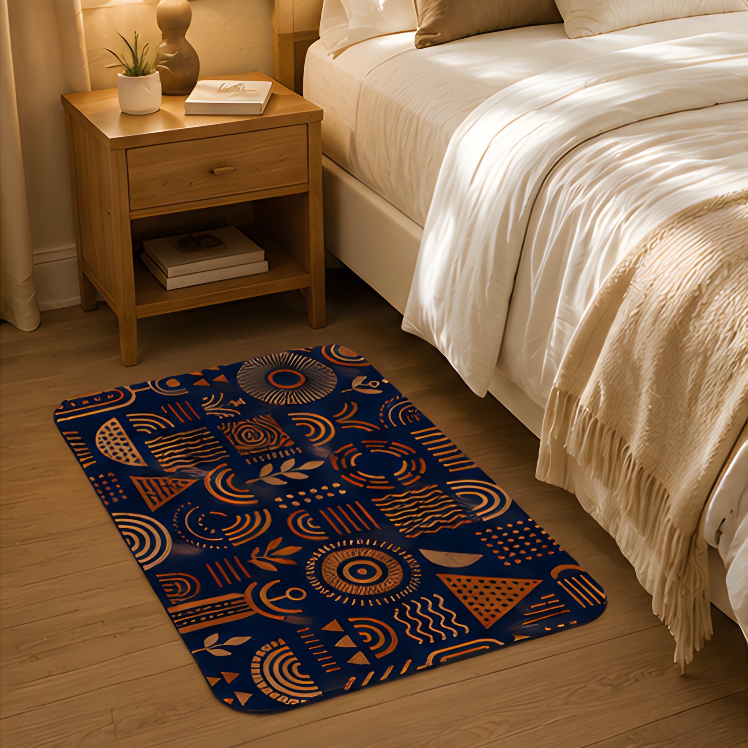 A geometric accent doormat laid flat on a wooden floor next to a cozy bed and nightstand.