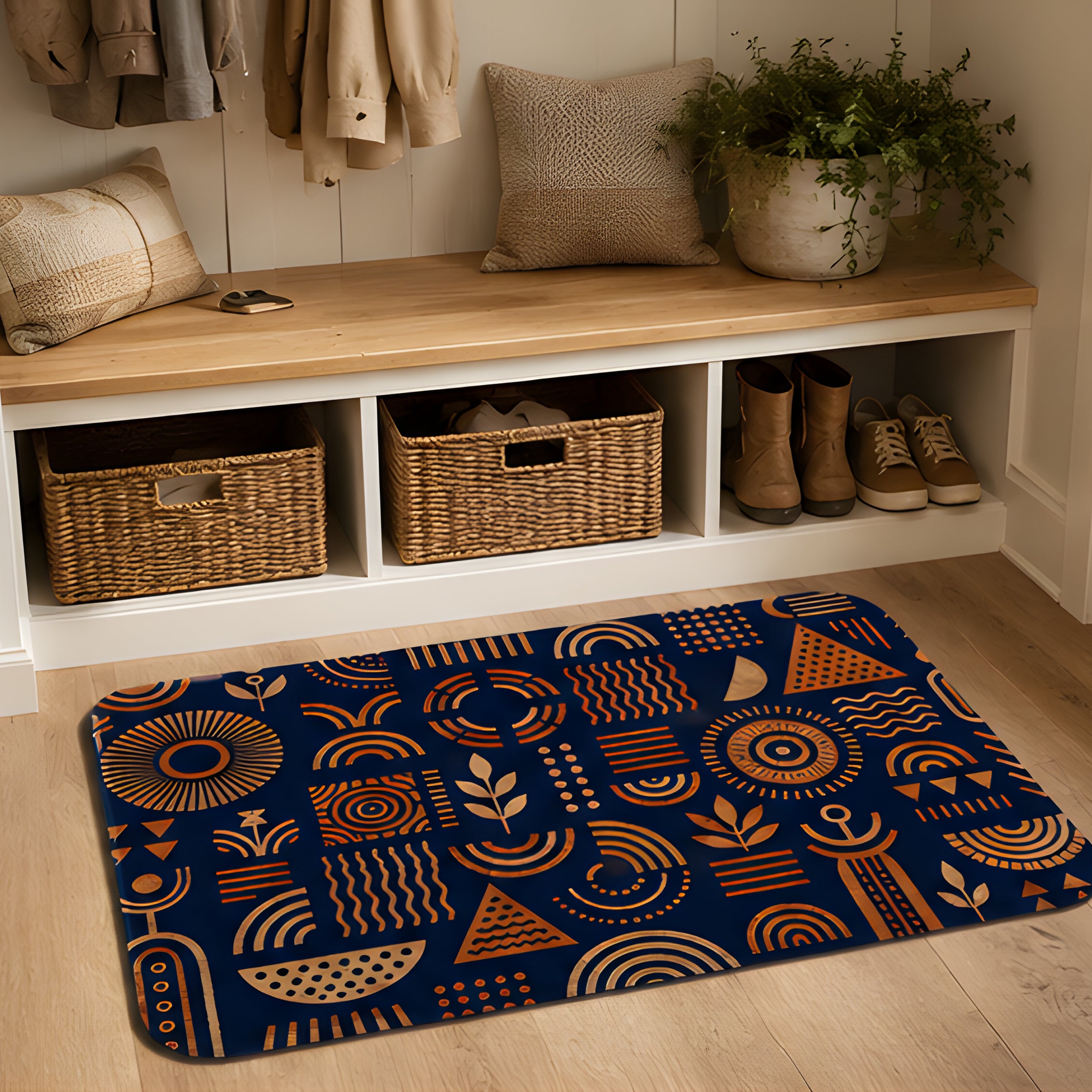 An entryway doormat with navy and orange geometric patterns styled below a wooden shoe bench.