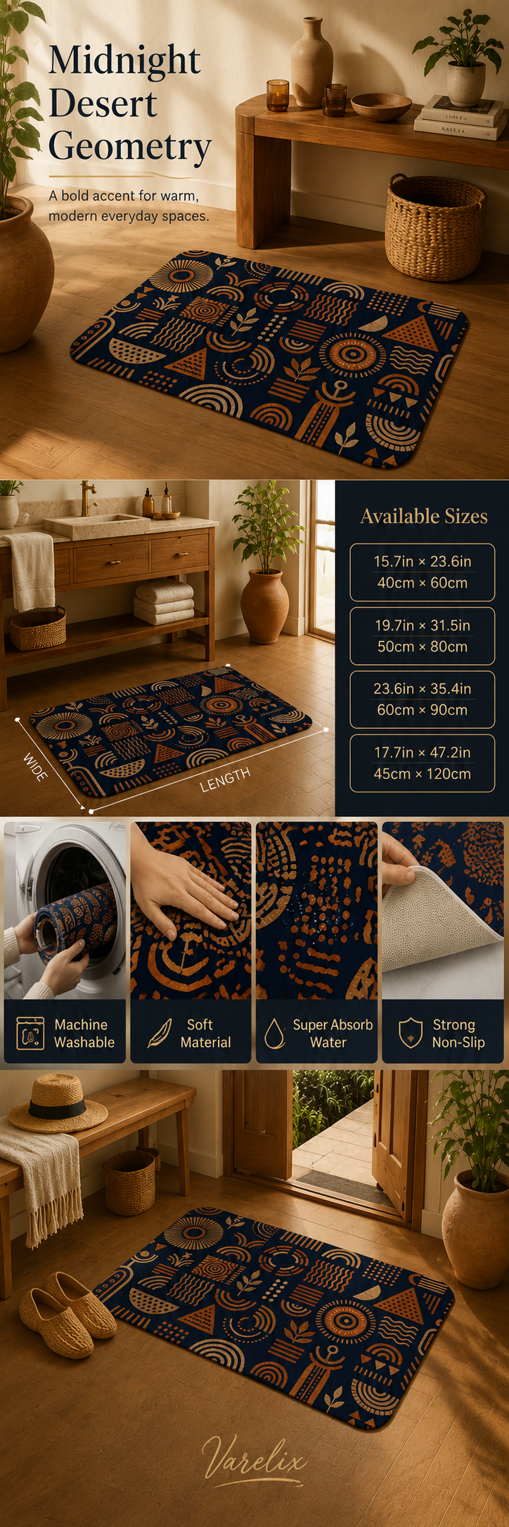 An infographic detailing available sizes and material quality of the machine washable geometric desert doormat.