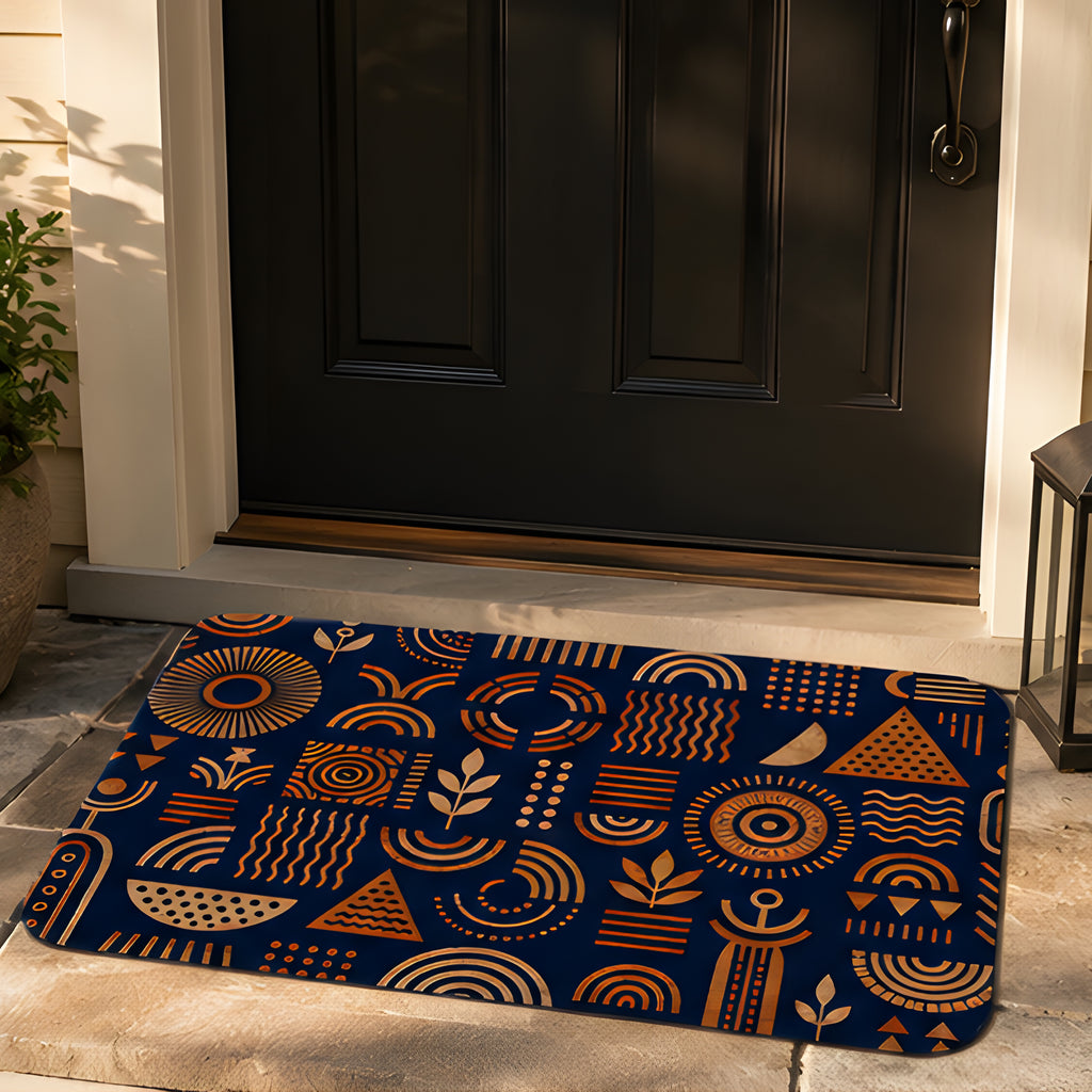 A dark navy doormat with orange geometric tribal patterns placed at the front door entryway.